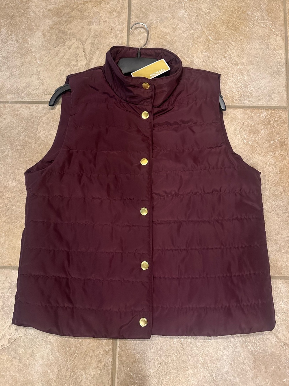 Michael Kors Burgundy Quilted Puffer Vest with Gold-Tone Snaps